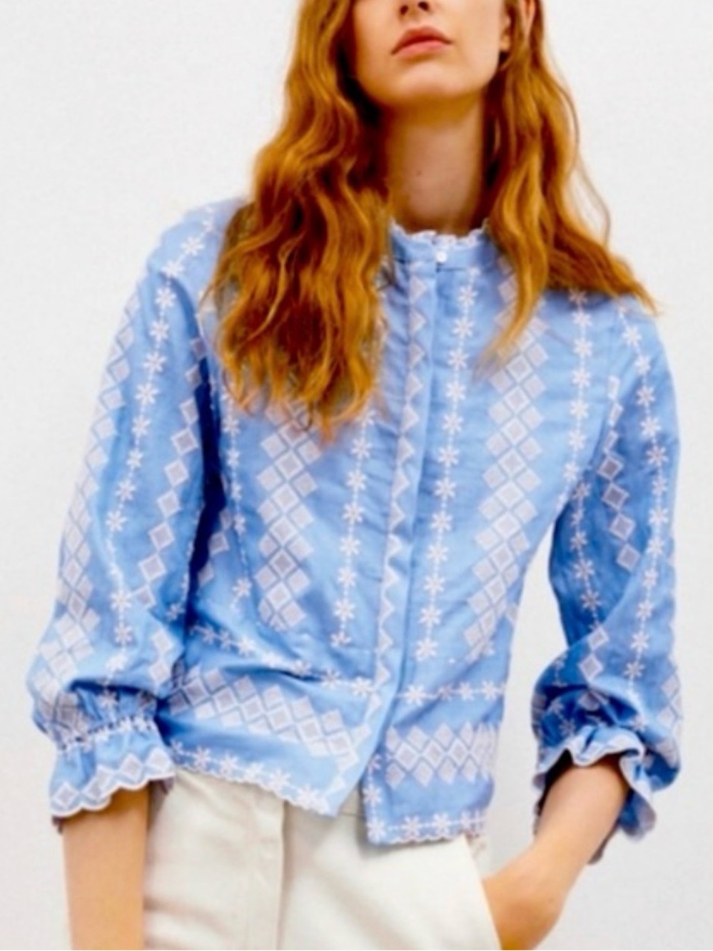 Zara Light Blue Embroidered Ruffle-Cuff Blouse